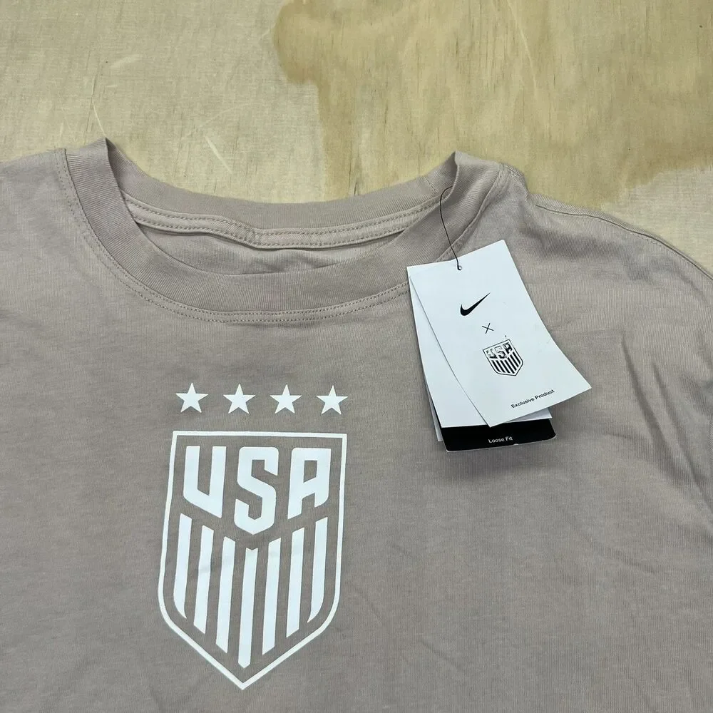 NEW MD USWNT Womens Nike Crest Short Sleeve Cotton Shirt Tan USA Soccer US